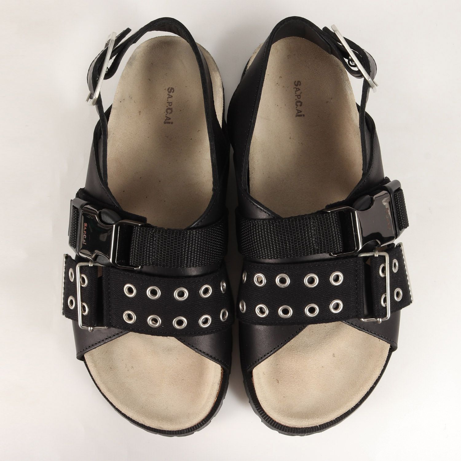 Sacai サカイ サンダル サイズ:40 A.P.C.アーペーセー コラボ ハトメ ベルト レザー コンビ Jules leather  sandals PXBPM F51037 SA.P.C.AI 21SS ブラック 黒 40 シューズ カジュアル