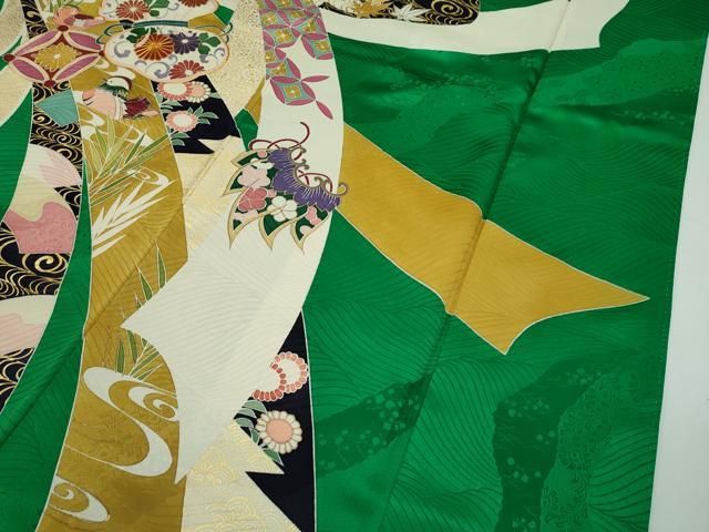平和屋本店□極上 創業460年・千總 振袖 駒刺繍 宝尽くし 金彩 常盤色