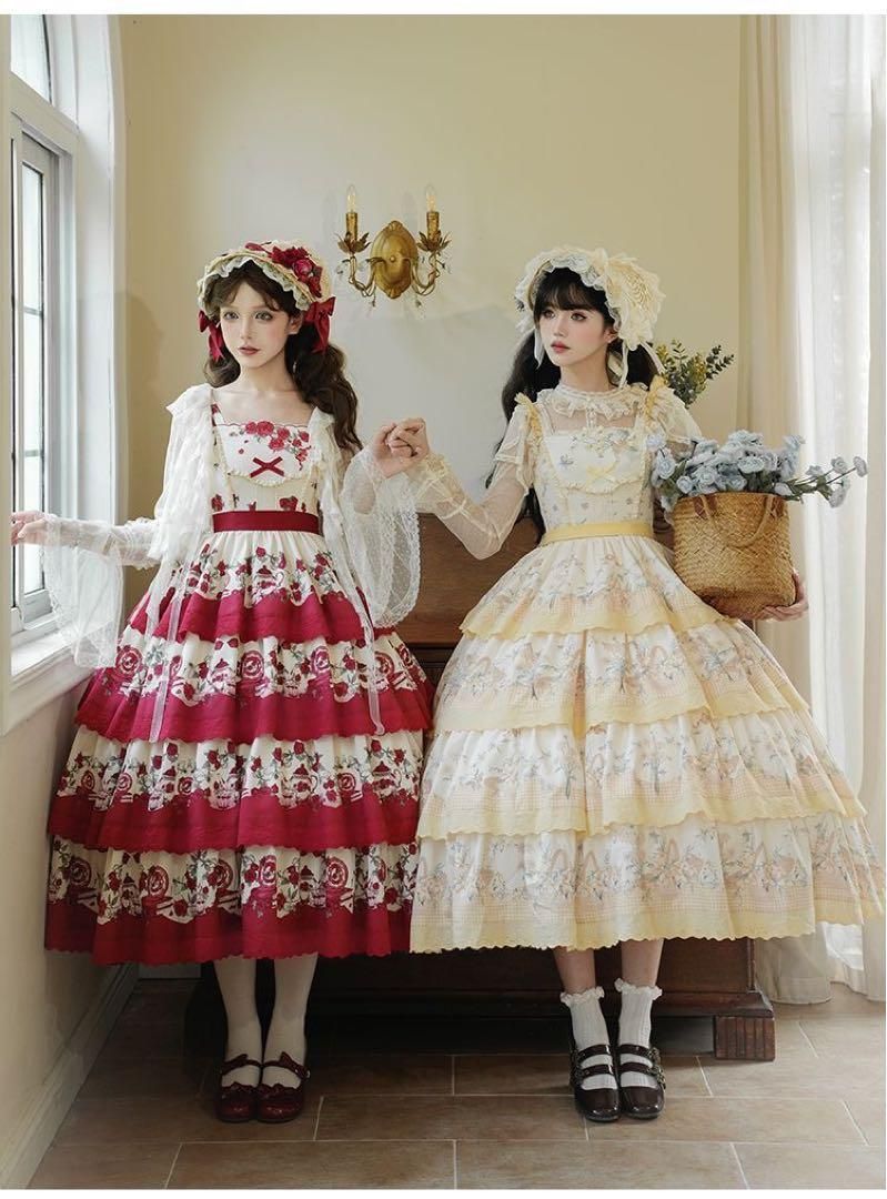【手紙と詩♡朝花夕拾】田園プリント刺繍四段振りjskロリータドレス 森ガール黄色 手紙と詩♡朝花夕拾】田園プリント刺繍四段振りjsk ロリータ