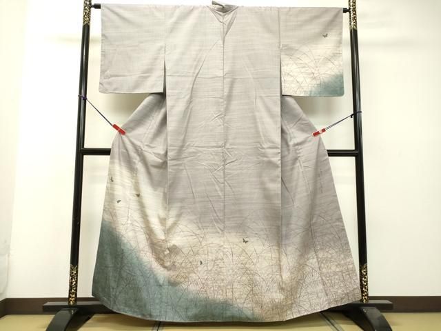 平和屋着物○染色家 岸上純平 訪問着 紬地 舞蝶草葉文 健勝苑扱い 正絹  