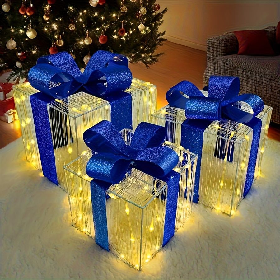 クリスマスギフトボックスライト 3個セット クリスマスオーナメント LED 装飾品 クリスマスイルミネーション クリスマスツリー 飾り 雰囲気満載 オーナメント クリスマスプレゼント ブルーリボン インテリア