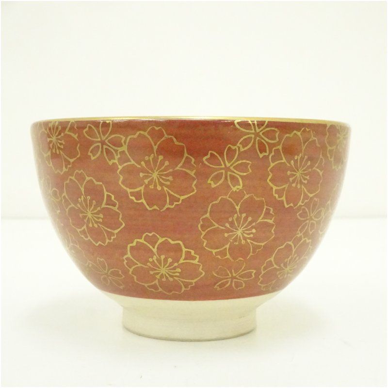 京焼 橋本永豊造 赤地金彩桜文茶碗（箱付） 茶道 抹茶 おしゃれ