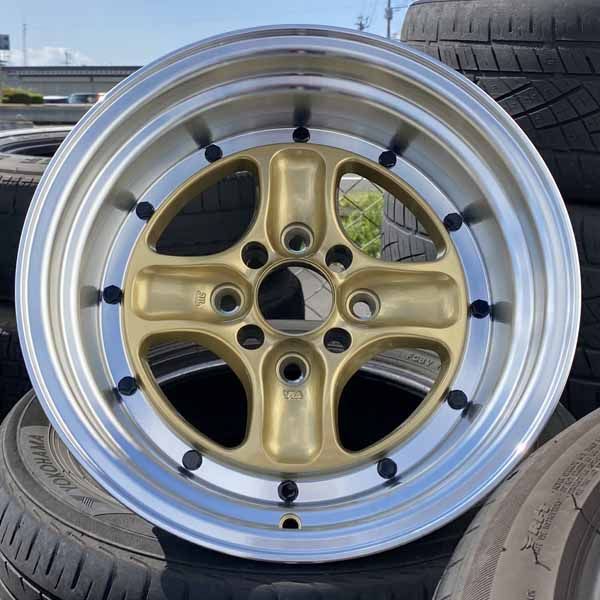 15インチ 数量 商品 ホイール4本セット 15×8J ±0 PCD 100 114.3 4穴 深リム 4本スポーク 旧車 スポーツカー ドリ車 ローダウン など カスタムサイズ ゴールド 金 ブラックビス