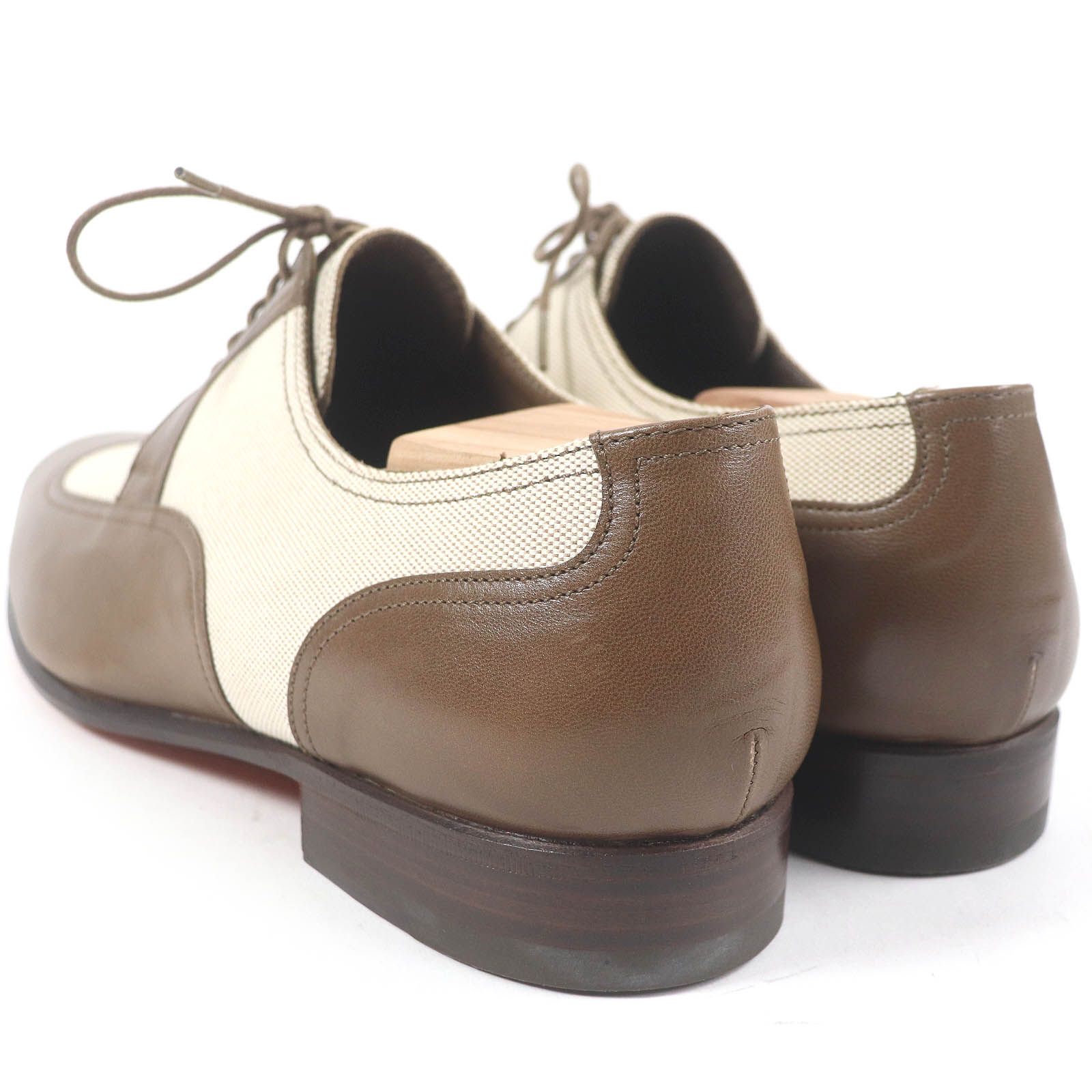 未使用品□HERMES エルメス ウィングチップ レースアップ キャンバス レザー ドレスシューズ ブラウン 40.5 フランス製 箱付き メンズ 未使用品□HERMES エルメス ウィングチップ レースアップ キャンバス