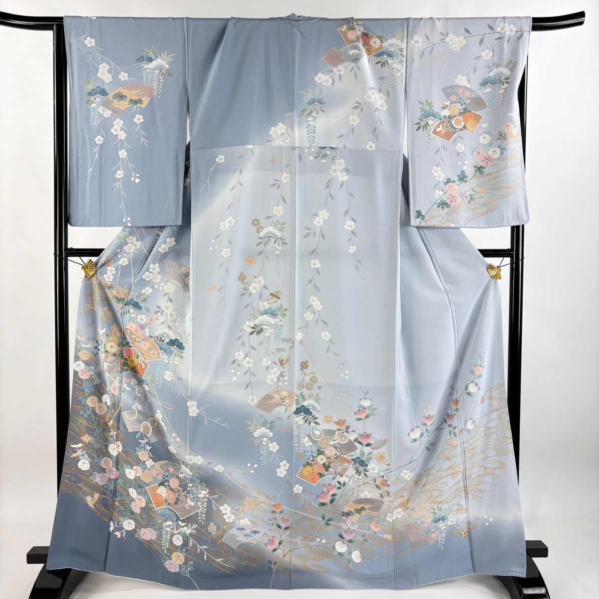 訪問着 身丈166.5cm 裄丈68cm L 袷 落款 扇面 菊 金彩 ぼかし 青灰色 正絹 名品