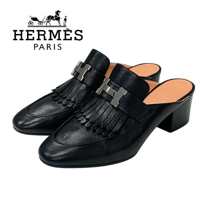 エルメス HERMES チェイルリー ローファー 革靴 靴 シューズ レザー ブラック 黒 シルバー H金具 コンスタンス フリンジ ミュール