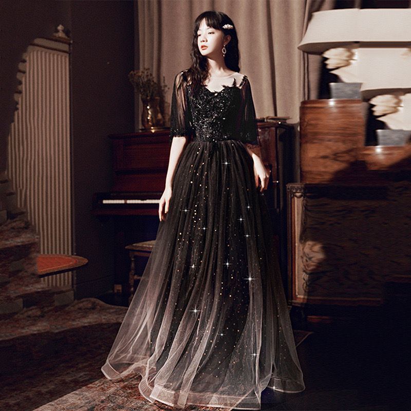 ドレス ブラック ワインレッド カクテルドレス ロングドレス パーティードレス 発表会 演奏会 ステージ コンクール イブニングドレス