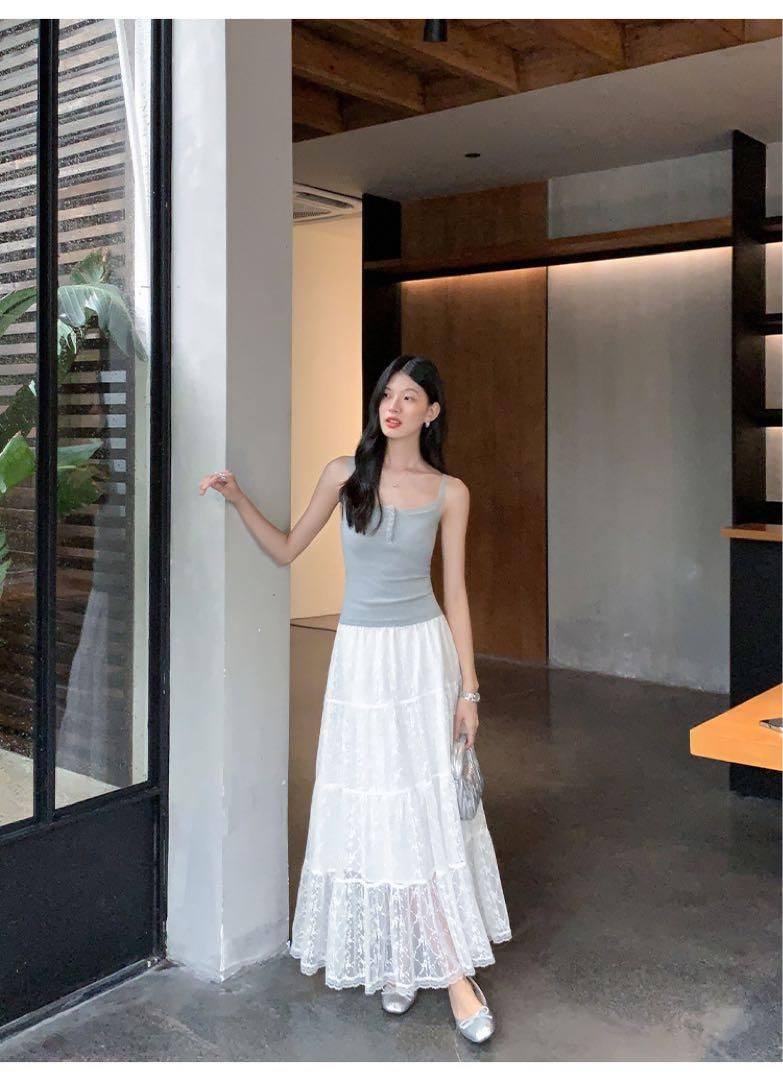 ホワイトレースロングスカート 妖精可愛いメッシュケーキスカートモテ服