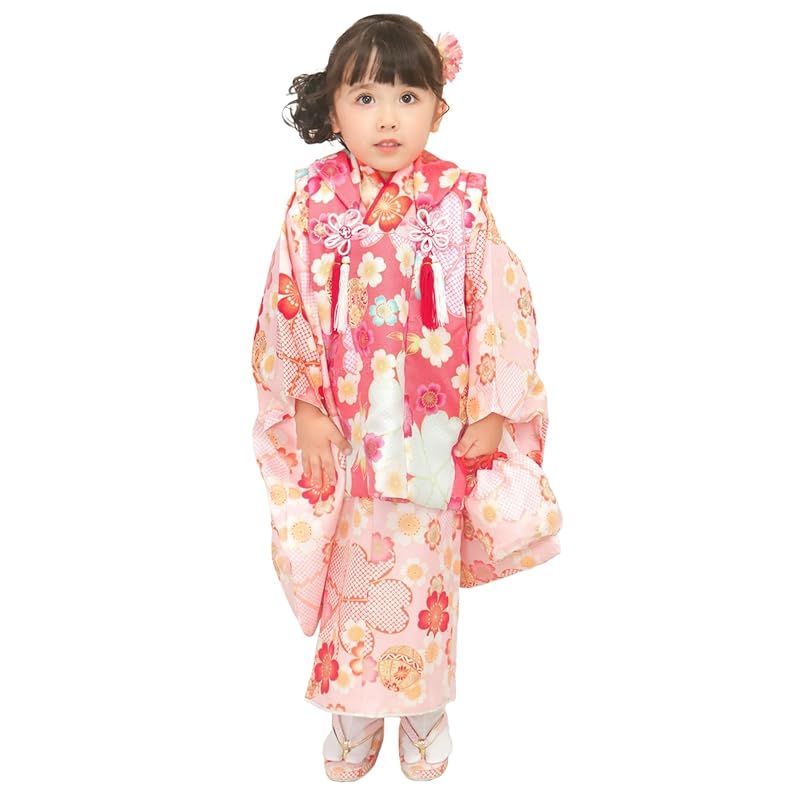 KYOETSU キョウエツ 着物セット 七五三用 3歳用 被布セット 華やかC 9点セット 柄被布 柄着物 伊達衿 長襦袢 髪飾り 巾着 草履 腰紐 足袋 ガールズ ワンサイズ 13.淡桜と鞠 0