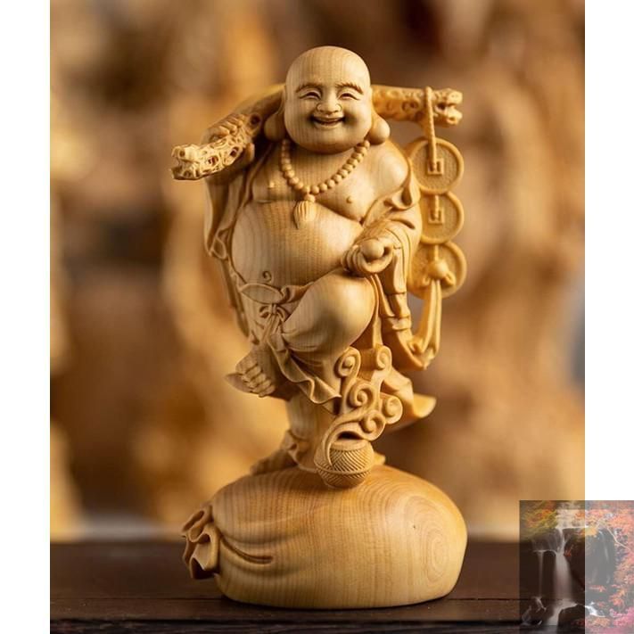 仏像 木彫り 布袋様の置物 高級天然ツゲ木彫り 金運 お守り(Size:高さ
