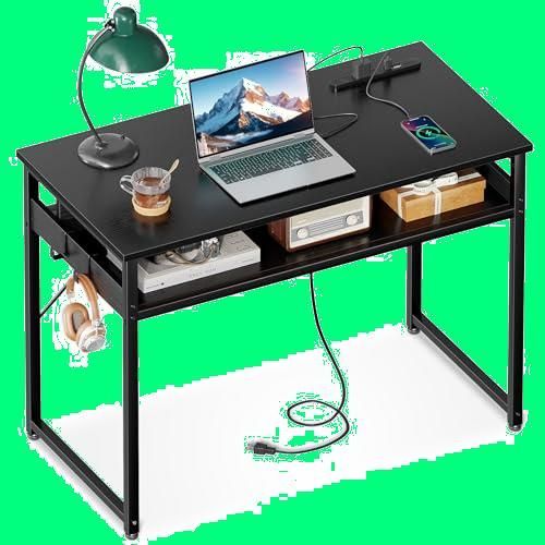 テレワーク用 コンパクト フック2個付き 省スペース ??? ワークデスク ?子 desk computer 組立簡単 勉強机 コンセント付き 収納付き ゲーミングデスク 幅80cm 黒い パソコンデスク pcデスク 机 ODK