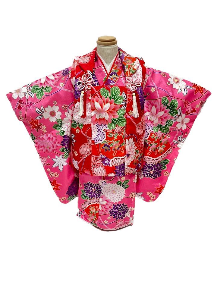 京都花ひめ 七五三 被布着物セット 赤色花柄 3歳華やか絞り風 京都花ひめ 七五三 被布着物セット 赤色花柄 3歳華やか絞り風 美