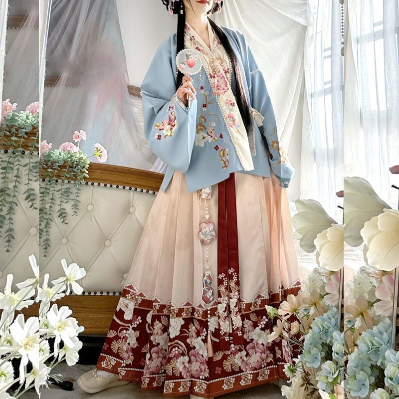 新品未使用 明制対襟交穿刺繍漢服 春夏秋用 馬面裙 吊り帯付き