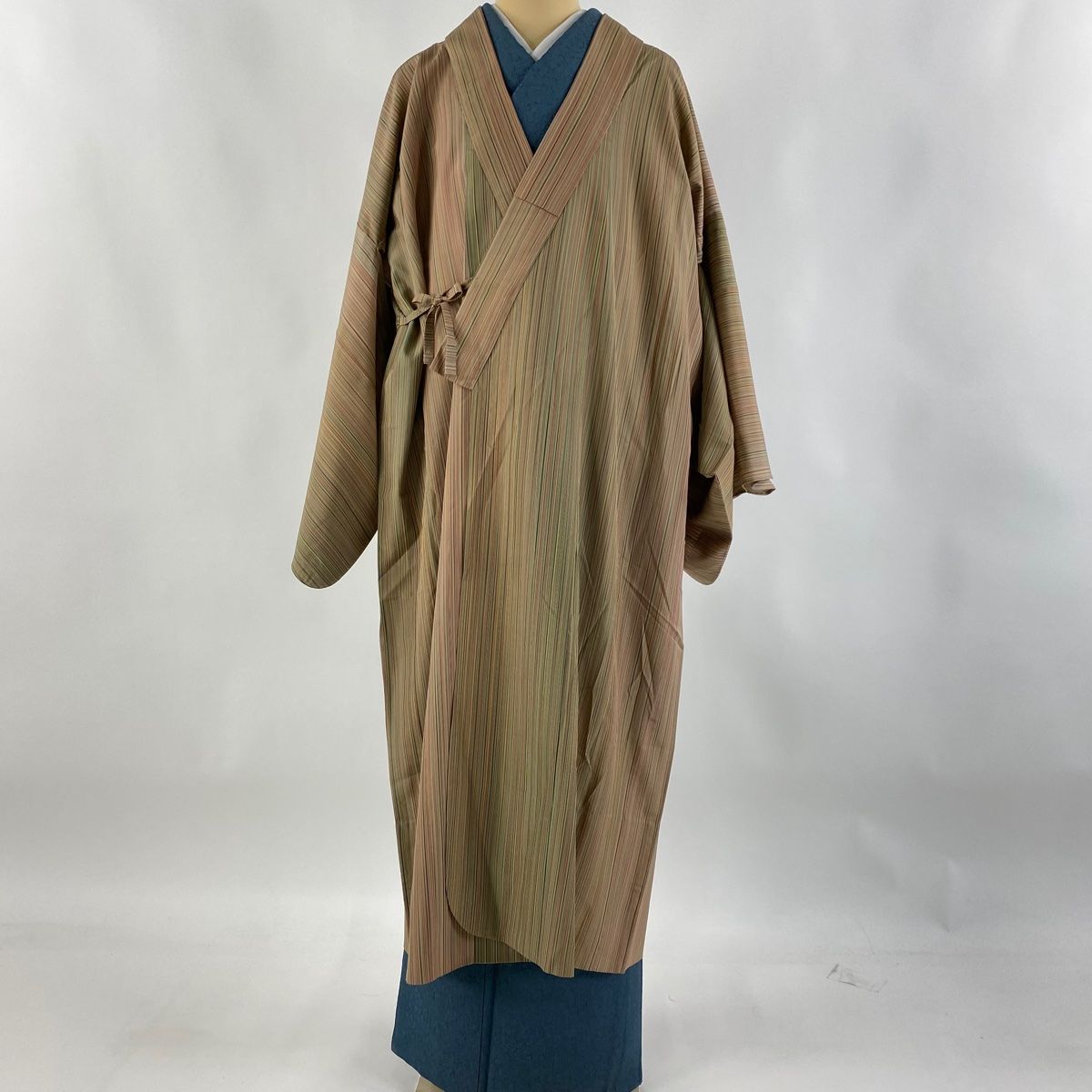 道中着 身丈125cm 裄丈68.5cm L 和装コート 着物衿 縦縞 鶯色 正絹