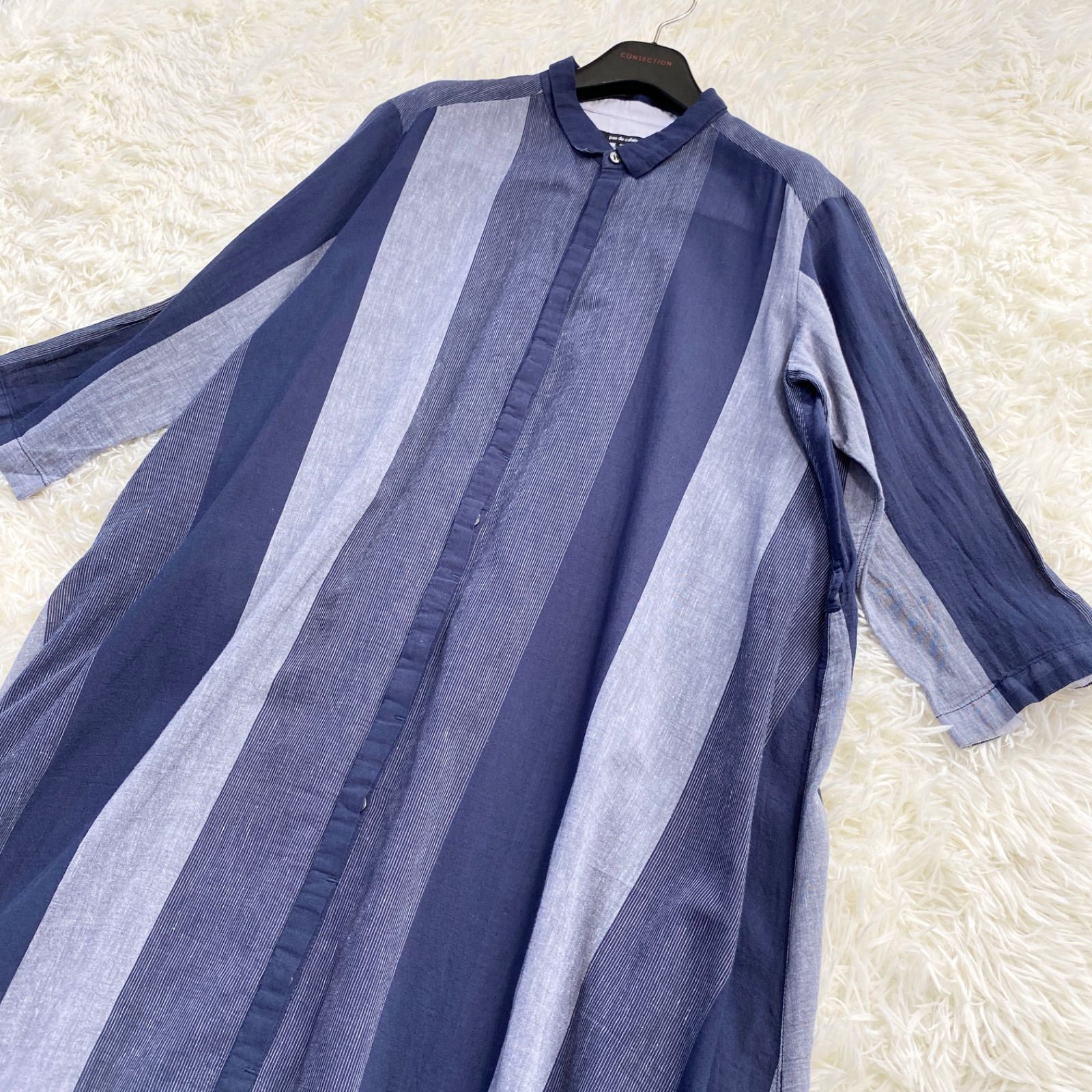 pas de calais】パドカレ ロングシャツワンピース リネン混 ネイビー 