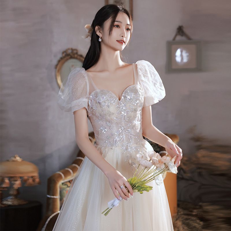 ロングドレス レディース 夏 シャンパン パフスリーブ パーティー 誕生日 成人式 結婚式 二次会 着やせ効果 披露宴 ドレス