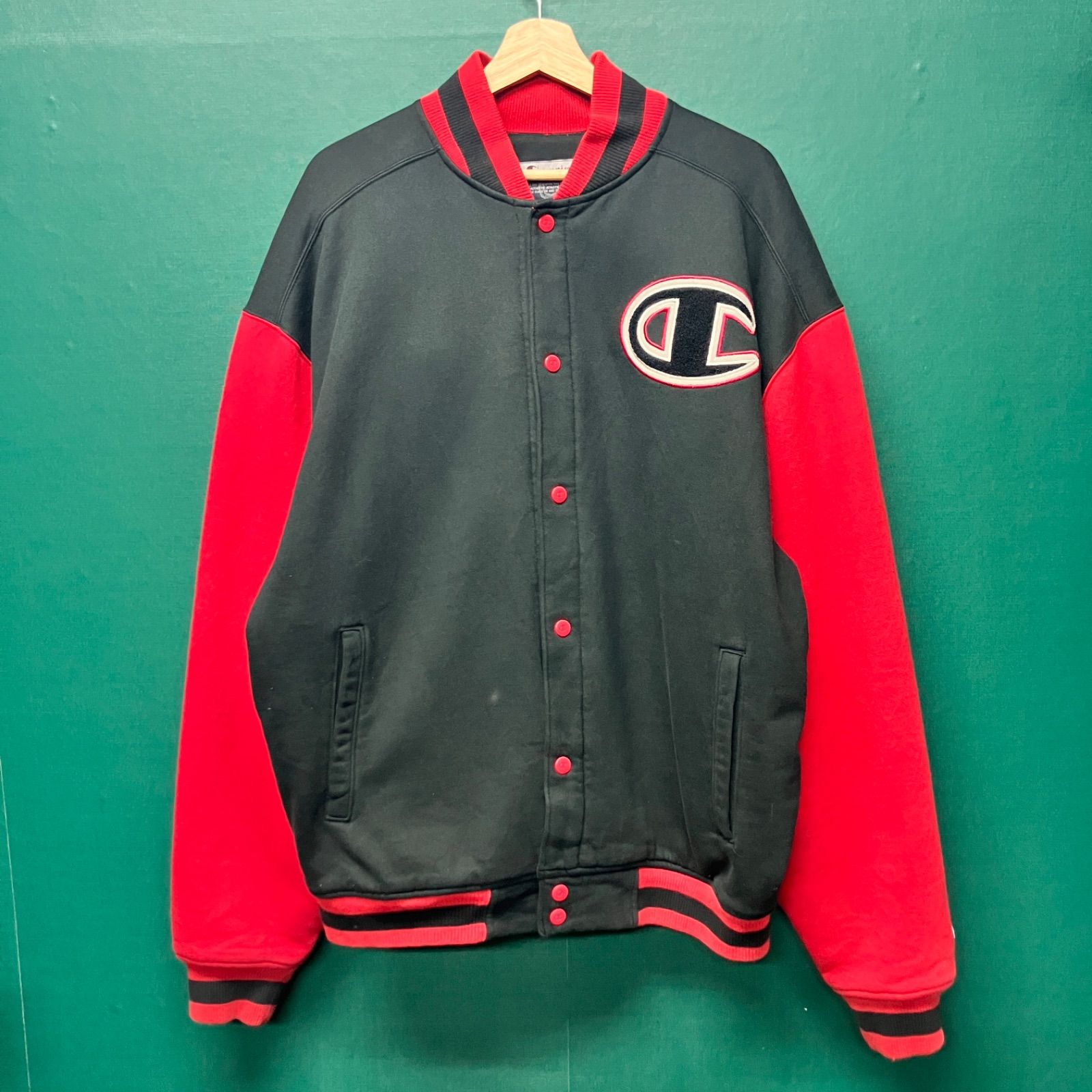 Champion チャンピオン スウェット スタジャン  黒赤 XL 両面刺繍ロゴ アメカジ 海外輸入古着 NONAME 千葉店
