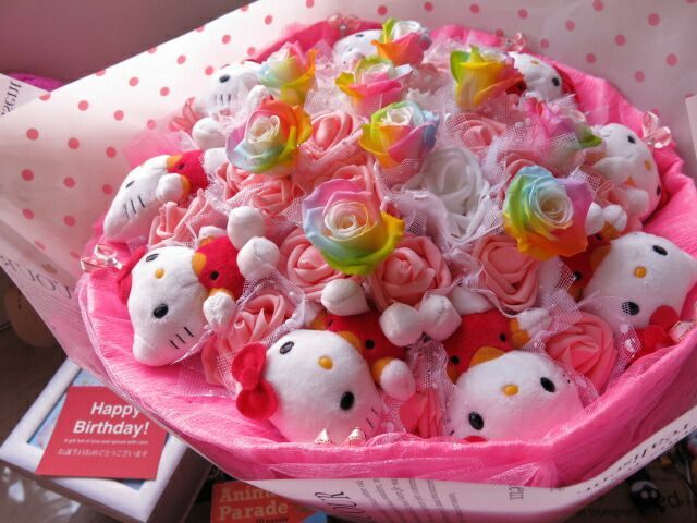 クリスマスプレゼント キティ 花束 フラワーギフト キティ9個入り レインボーローズ プリザーブドフラワー入り キティ ブーケ プレゼント フラワーギフト YUZUMIYA_COM