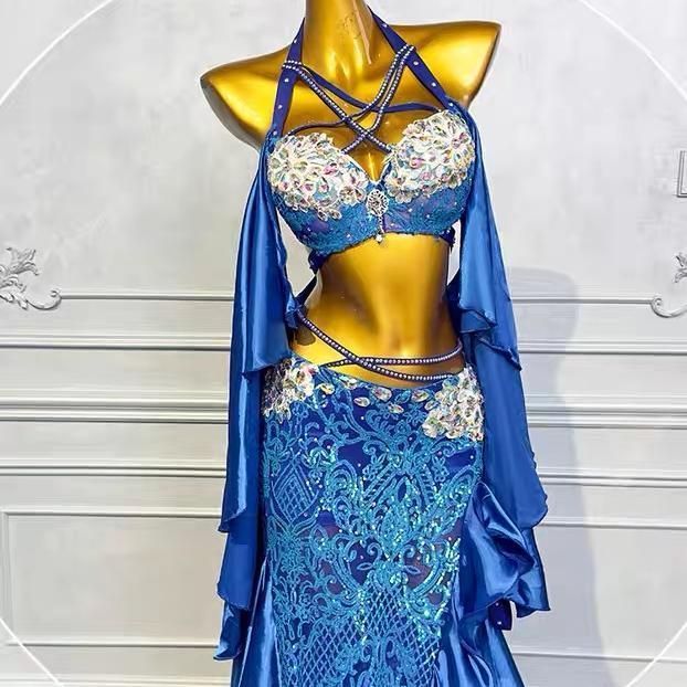 技術 ♥ イズ ベリーダンス衣装 ブラベルトスカートセット 東方風 ベリーダンス 衣装 セット ブラジャーと魚尾スカート スパンコールビーズ刺繍 舞台用 2カラー選択 従来の