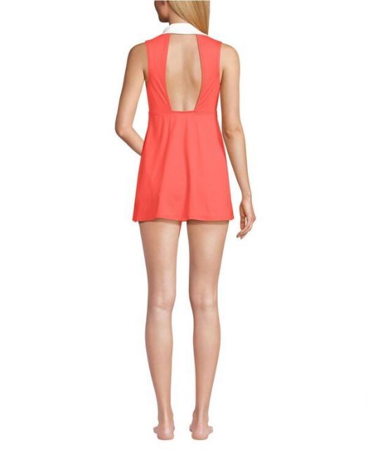 海外通販！ ランズエンド レディース ポロシャツ トップス Women s Polo Collar Tie Front Swim Dress Swimsuit Coral bliss white
