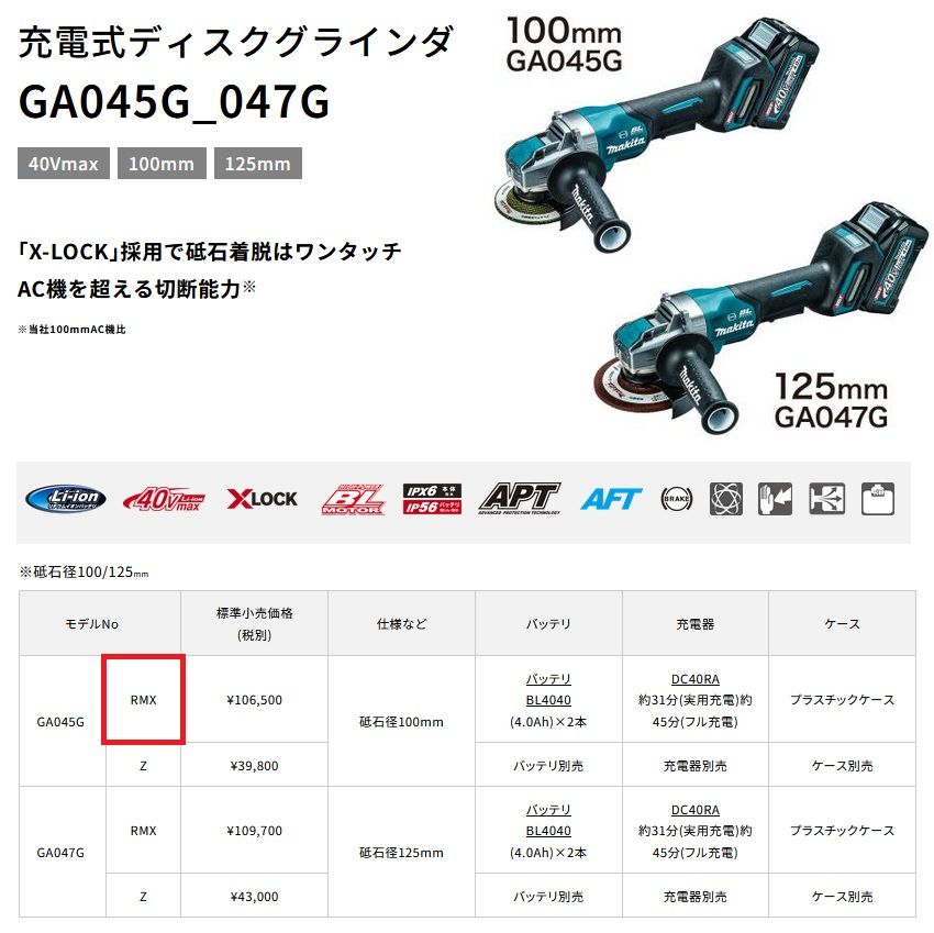 マキタ 100mm 充電式ディスクグラインダ GA045GRMX DIY用具 40Vmax 4.0Ah バッテリ2本 充電器 ケース付