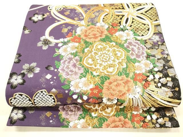 平和屋着物●六通柄袋帯 唐織 稜彩錦 結び紐鹿の子草花文 黒地 金銀糸 正絹 DAAX5626cm