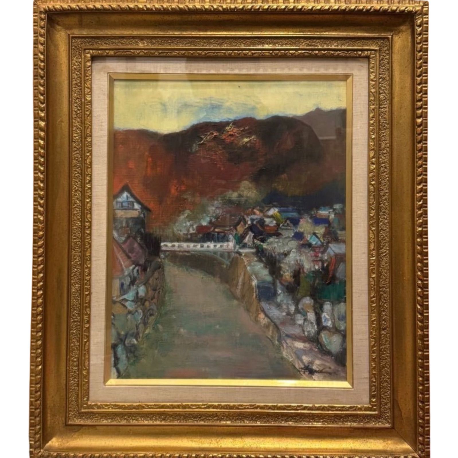 五島秀明 足助の町 油彩 F6号 1971年 直筆サイン入り 押印 美術文化協会会員 伏見画廊