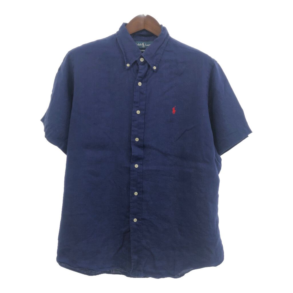 RALPH LAUREN ラルフローレン ボタンダウン リネン 半袖シャツ ワンポイント ブルー (メンズ XL) 中古 古着 Q6137