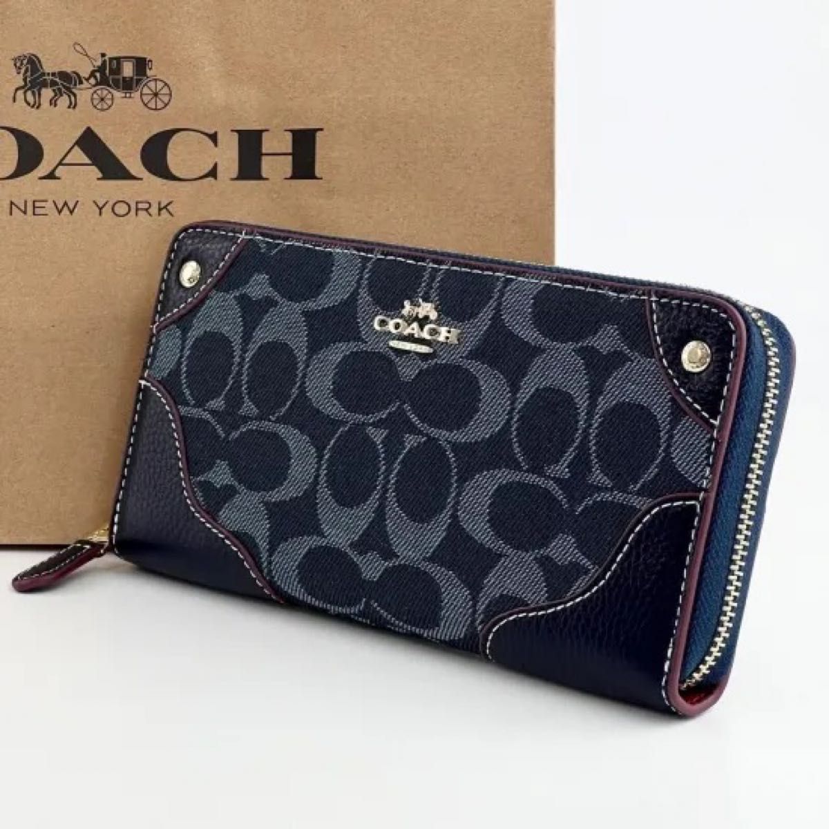再再販！ 新品 COACH 長財布 コーチ財布 ネイビー 財布 長財布 小物