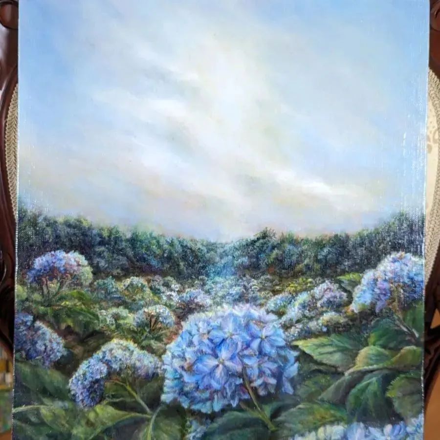 画家painterTMKの絵画「6月の光」紫陽花 油絵風景画 紫陽花絵画 F6