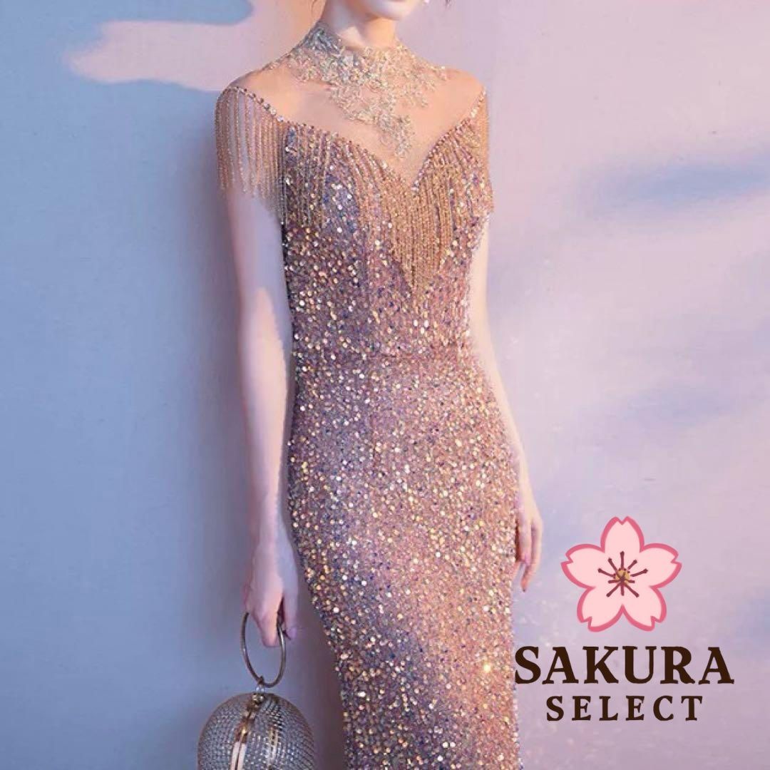 首元にお花のデザイン スパンコールにビジューイブニングドレス スパンコールにビジューの美しい イブニングドレス?.? - メルカリ