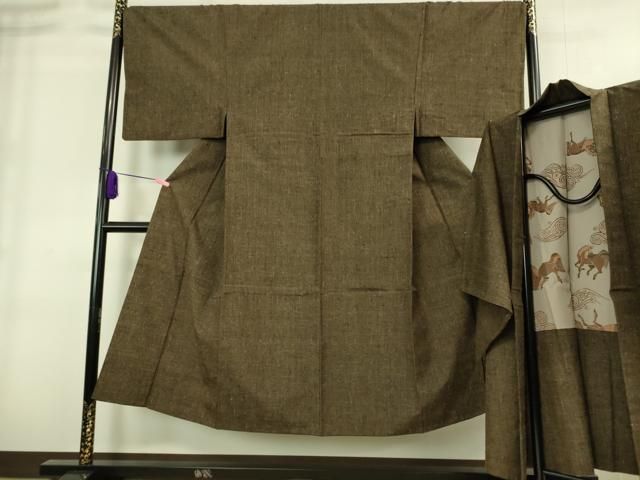 平和屋着物 上 男性 紬 アンサンブル 長羽織 羽裏 馬 色無地 濃い涅色 三越扱い DZAA8536kh5