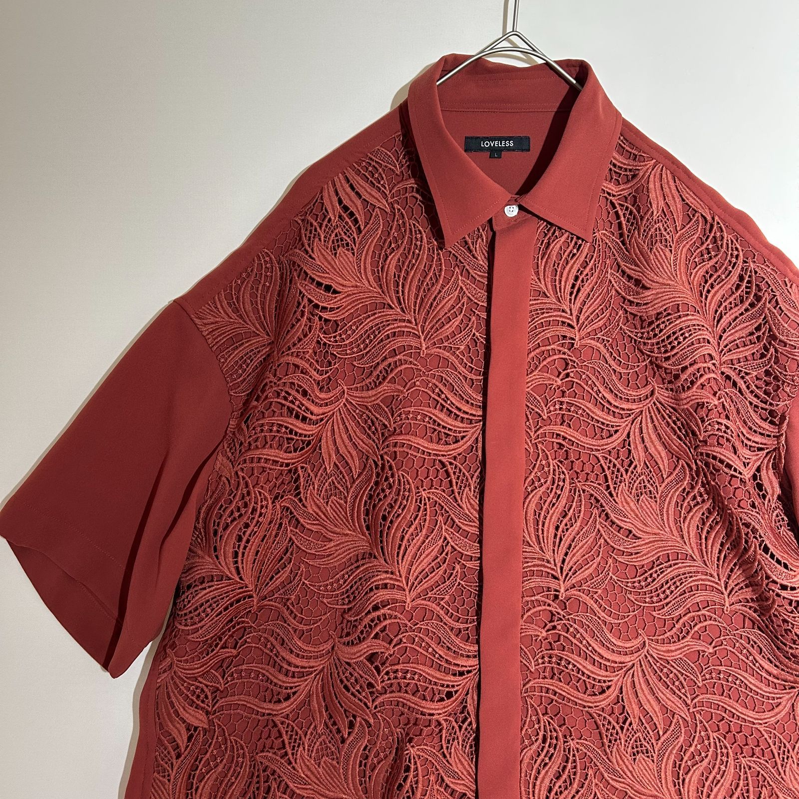 LOVELESS ラブレス レースコンビ ショートスリーブシャツ オレンジ オーバーサイズシルエット レース 比翼 半袖シャツ