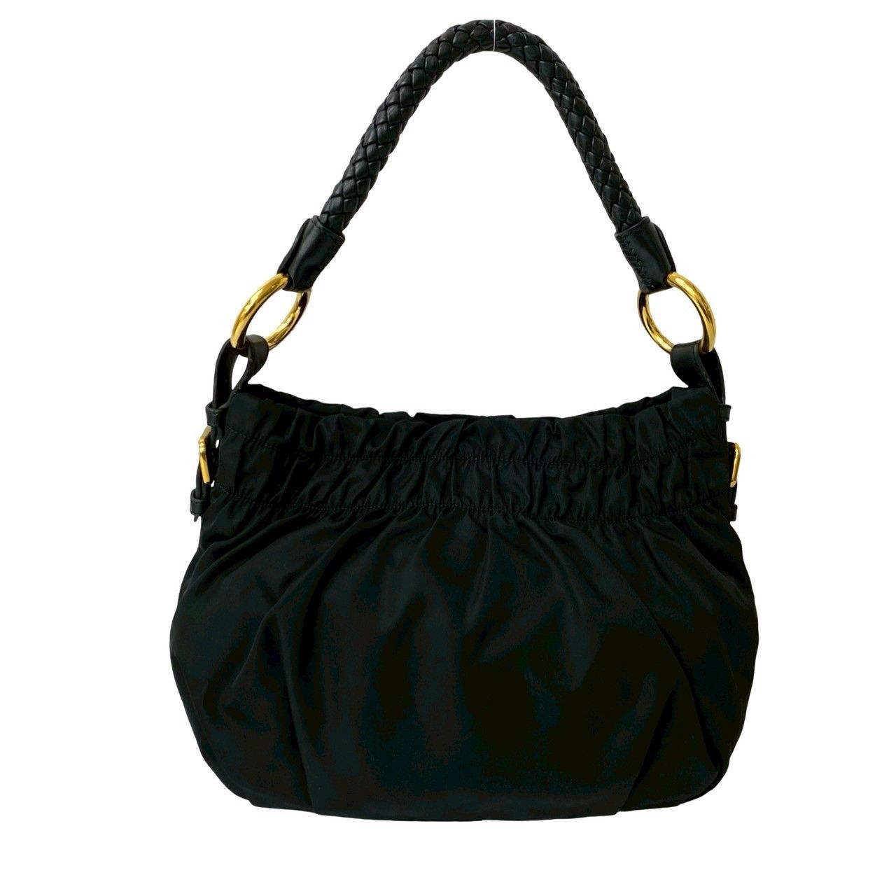 極 美品 袋付 PRADA プラダ ロゴ 金具 リボン モチーフ ギャザー 