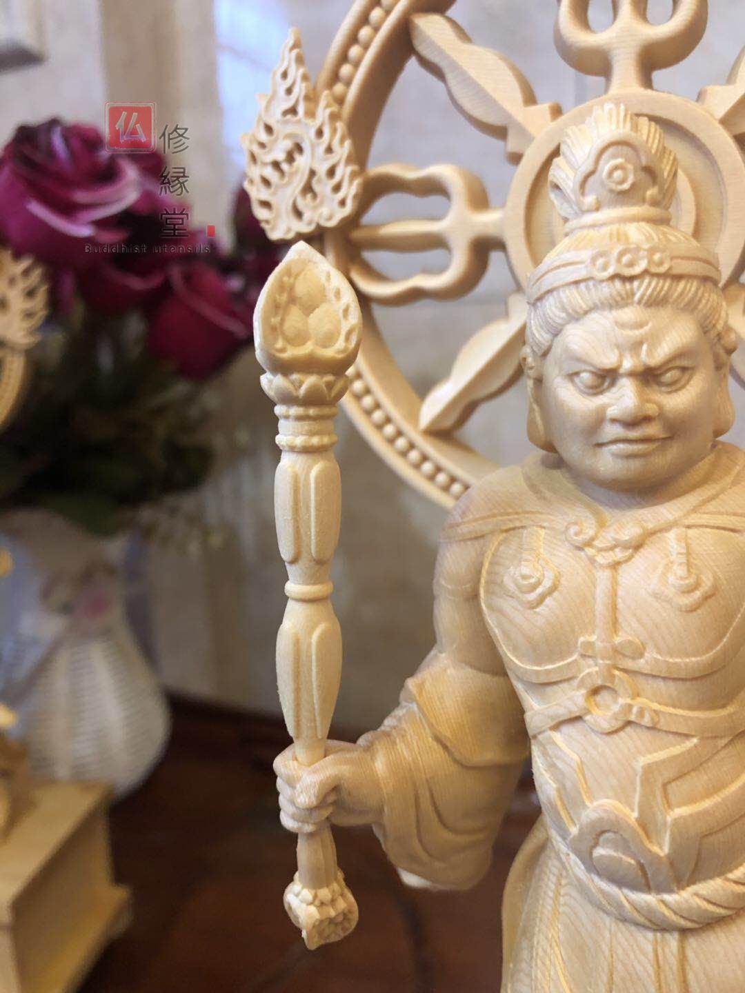 修縁堂】珍品 木彫り 仏像 毘沙門天立像 彫刻 一刀彫 天然木檜材 仏教 