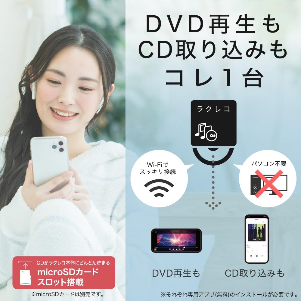 バッファロー ラクレコ iPhone スマホ DVD 再生 CD 取り込み CDレコーダー 語学 学習 プレーヤー DVDプレーヤー パソコン不要 Wi -Fiモデル microSD対応 【 iOS ・ Andr [ホワイト] [DVD再生+microSD対応] - メルカリ