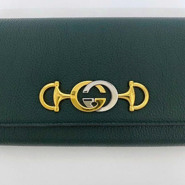 グッチ 二つ折り 長財布 グリーン ゴールド シルバー ズゥミ ホース  