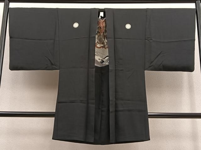 平和屋着物＃男性 長羽織 黒紋付 羽裏 人物文 正絹 BAAU0054