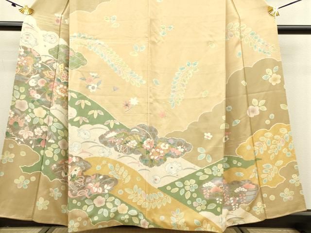 訪問着 駒刺繍 舞蝶辻が花文 たたき染め 黒地 金彩 袋帯セット 訪問着
