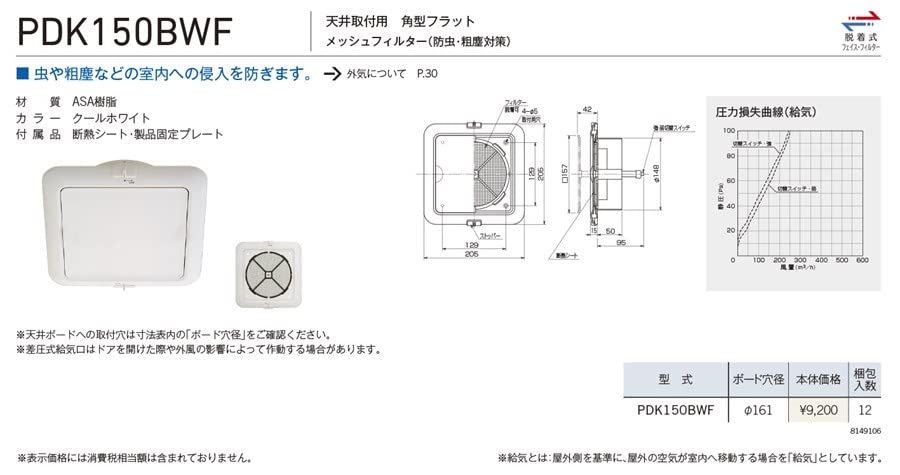 ユニックス 室内用製品 差圧式給気口 天井取付用 PDK150BWF 角型フラット サランネットフィルター
