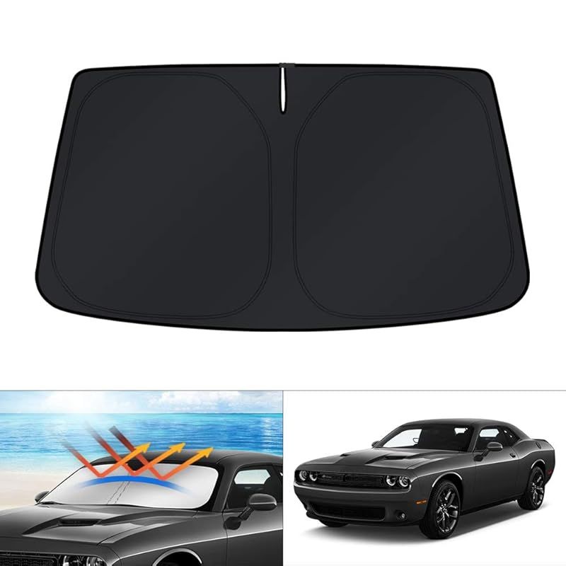 KUST カスタムフィット フロントガラスサンシェード 2015-2023 ダッジ チャレンジャー アクセサリー クーペ SRT ヘルキャット Redeye GT RT TA Coupe用 ワイドボディ SXT、RT スキャット パック サンシェード 折り 0