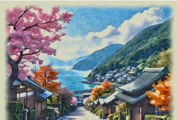 ジブリアート③崖の上のポニョより「坂の上の湊町」25cm×34cm額装品　水彩画 ジブリアート③崖の上のポニョより「坂の上の湊町」25cm×34cm