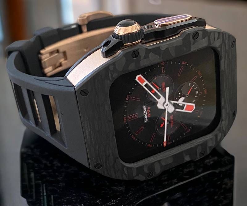 リアリスティックな カーボン ブラックローズ アップルウォッチバンド フッ素 ラバーベルト カバー ステンレス Apple Watch ケース ４４ｍｍ４５ｍｍ４６ｍｍ 49mm ウルトラ ultra メンズ レディース タグ付き