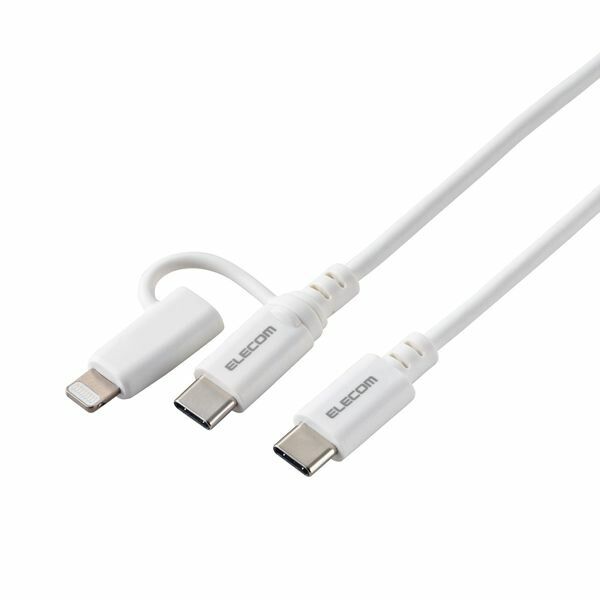 【新品・7営業日以内発送】ELECOM エレコム MPA-CCLAD10WH 2in1 充電ケーブル USB－C to USB－C ケーブル＋Lightning 変換プラグ 1m PD対応 60W 急速充電 ホワイト MPAC【沖縄離島販売不可】
