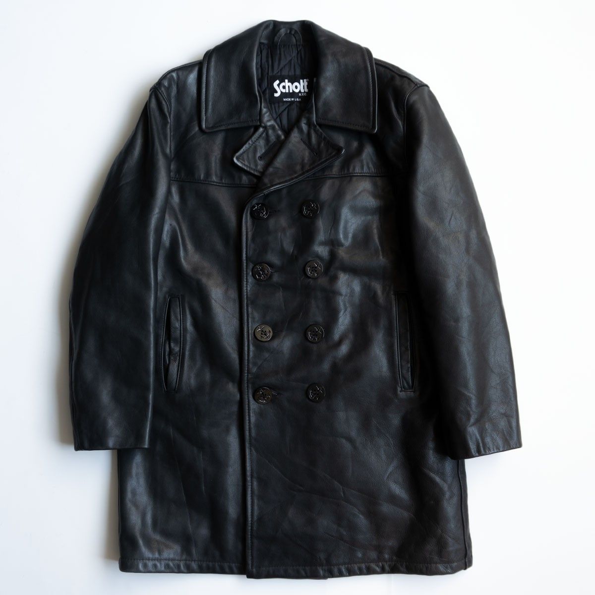 美品】SCHOTT【レザー ピーコート】40 ブラック レザー アメリカ
