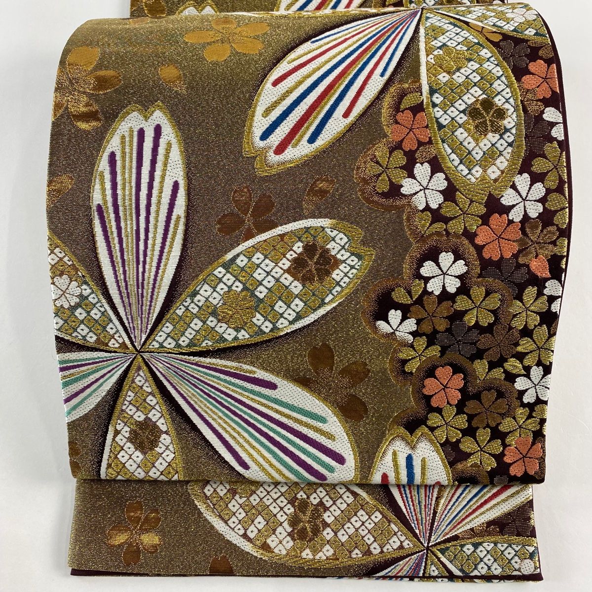 袋帯 秀品 振袖向き 桜 疋田 金糸 箔 茶緑色 六通 正絹