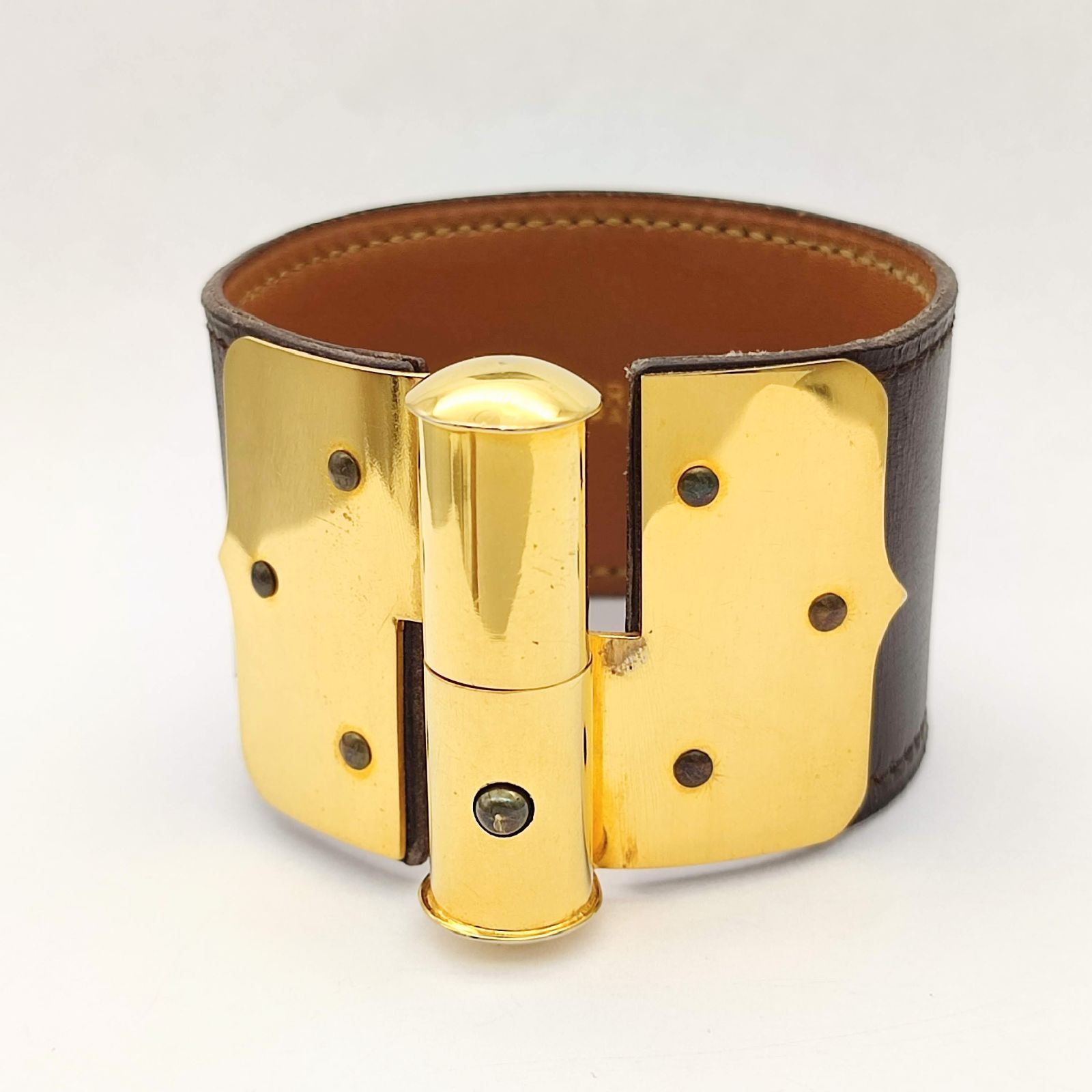 HERMES エルメス レザーバングル 蝶番 ブラウン×ゴールド