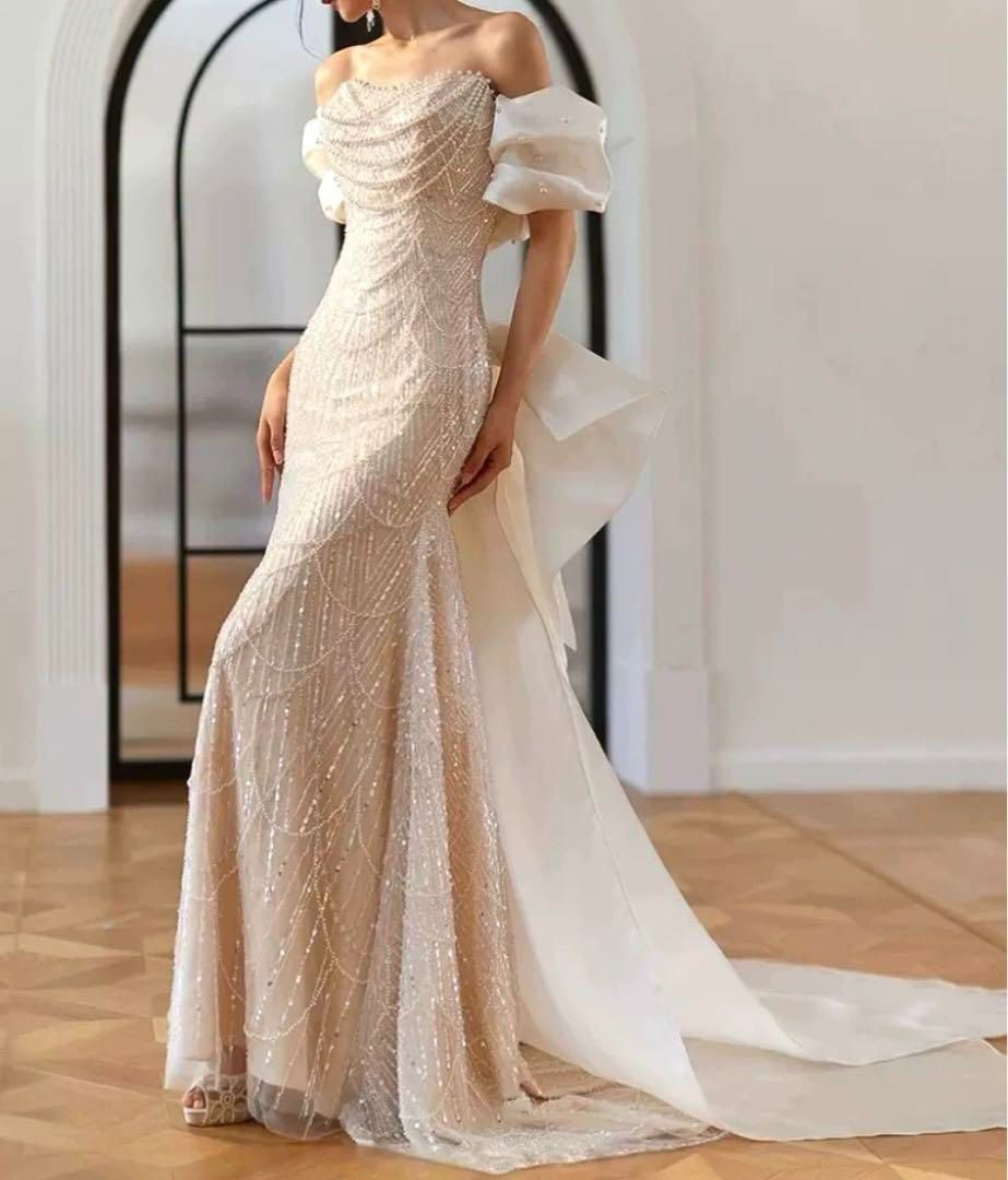 パールにビジューの美しいオフショルリボン