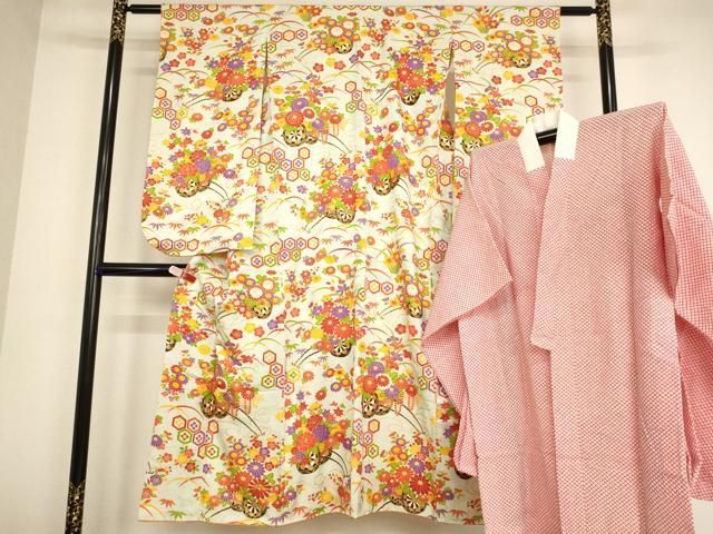 平和屋着物∵女の子 十三参り 子供 祝着 長襦袢 無双仕立て セット 駒刺繍 花車文 金彩 正絹 AABB5543ja