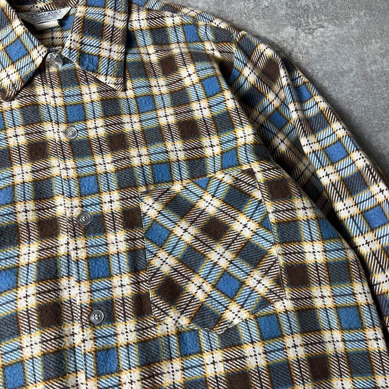 70s チェックシャツ レトロ 好配色 FLEETLINE vintage 送料無料 50s vintage ビンテージ fleetline フリートライン オープンカラー wool ウール ネル シャツ ヴィンテージ 長袖  オンブレー L rrl